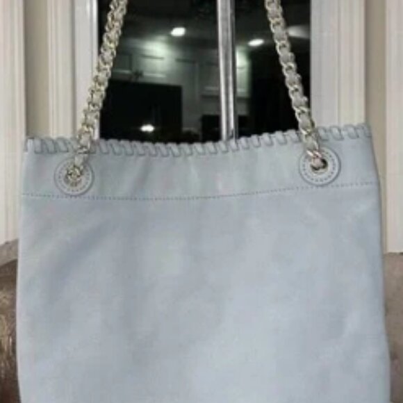 Tory Burch Periwinkle Blue Whipstitch-Trimmed Leather Shoulder Bag EUC - Picture 3 of 12